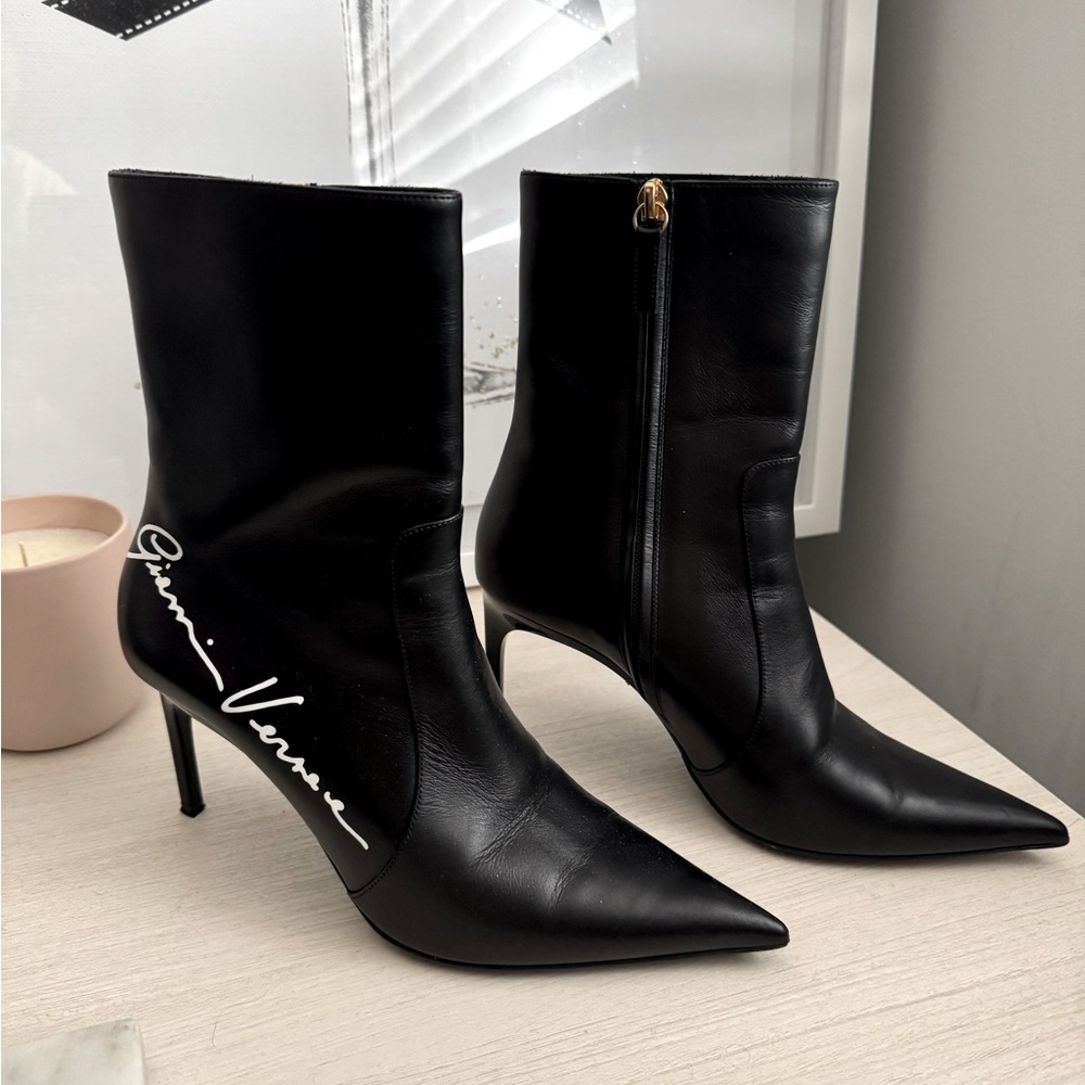 Versace Black Pointed-Toe Leather Stiletto Ankle Boots